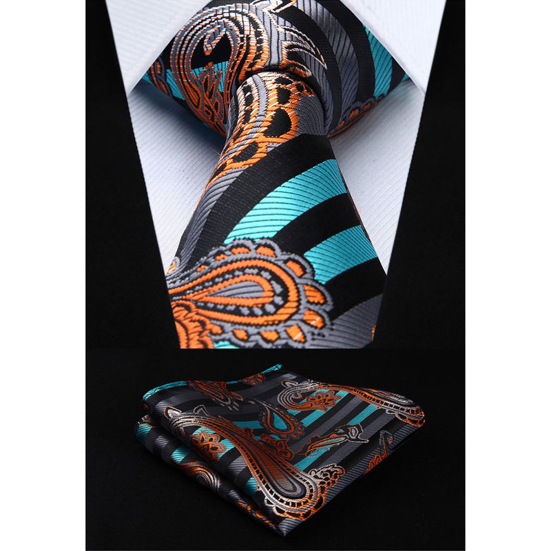 Paisley Tie Handkerchief Set - A44-AQUA/ORANGE/BLACK 