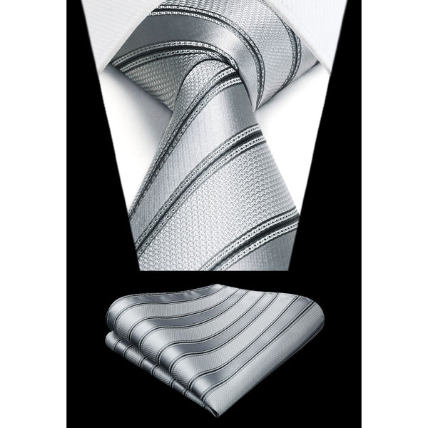 Stripe Tie Handkerchief Set - SILVER/GREY 