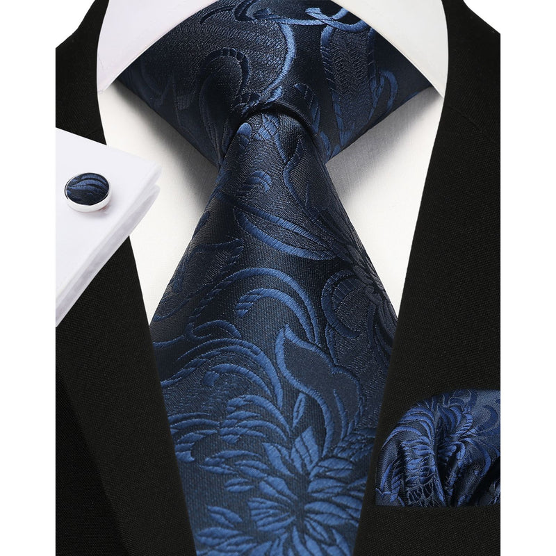 Floral Tie Handkerchief Cufflinks - A-NAVY BLUE2 