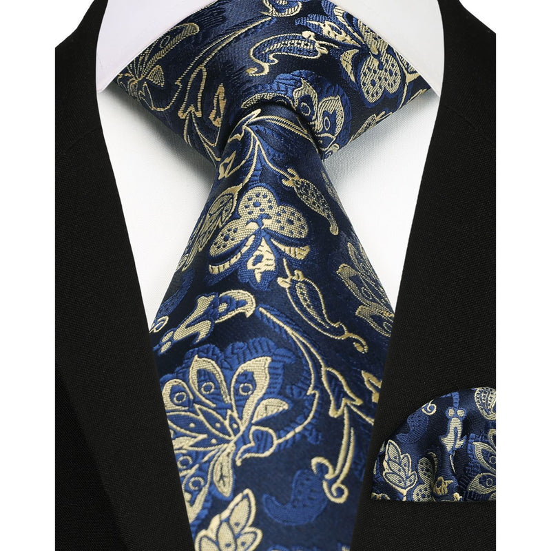 Floral Tie Handkerchief Set - 20 NAVY BLUE 