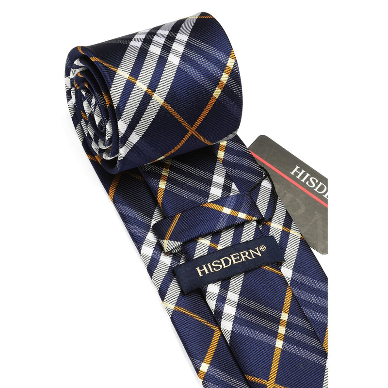 Plaid Tie Handkerchief Set - 056-NAVY BLUE GREY ORANGE 