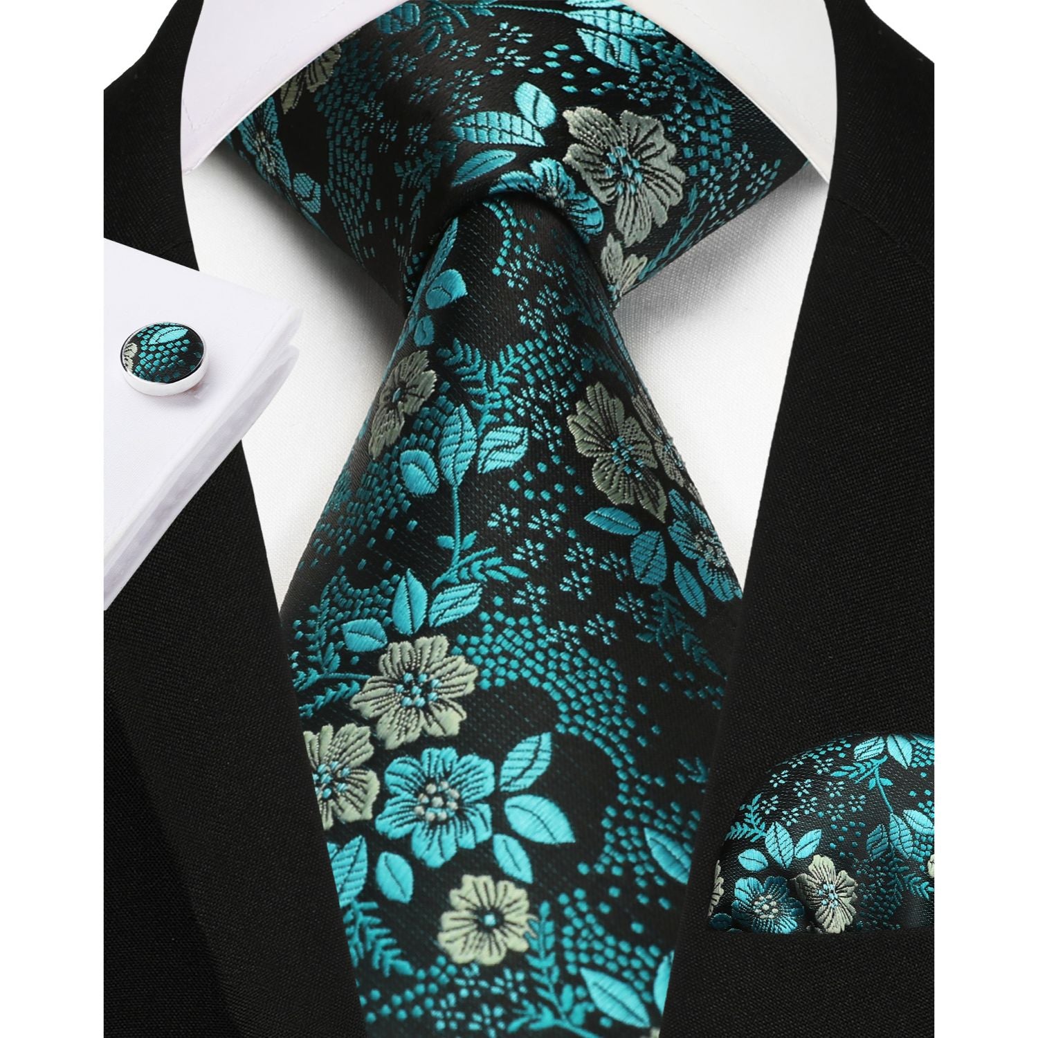 Floral Tie Handkerchief Cufflinks - 1-NAVY BLUE FLORAL