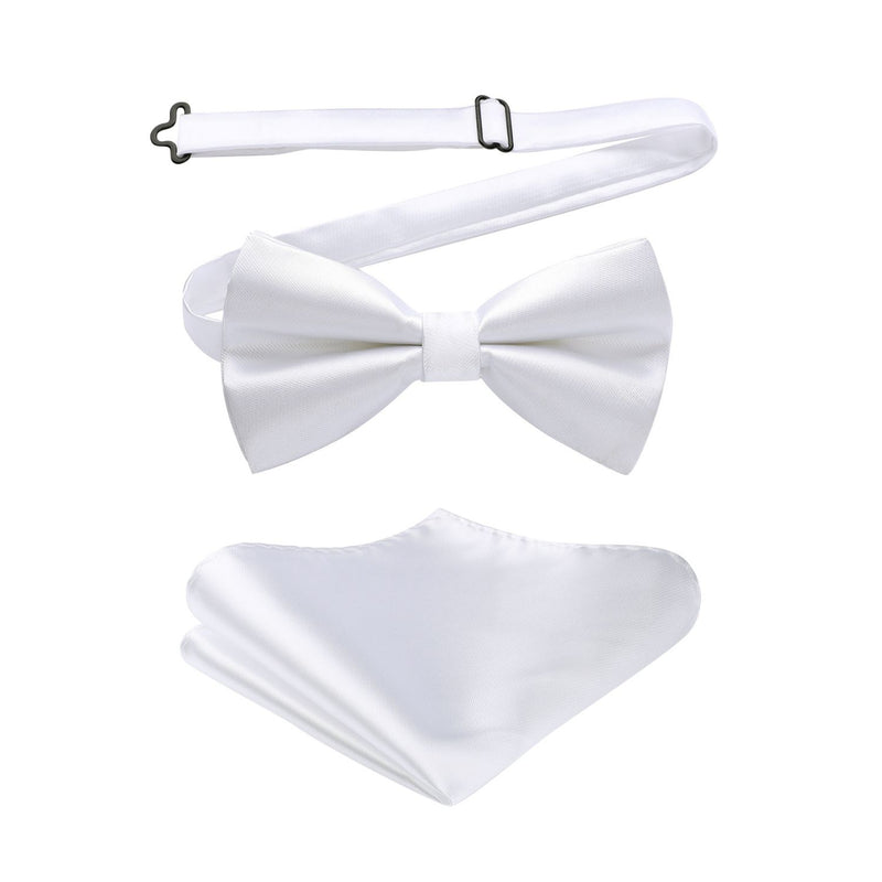 Solid Pre-Tied Bow Tie & Pocket Square - WHITE 