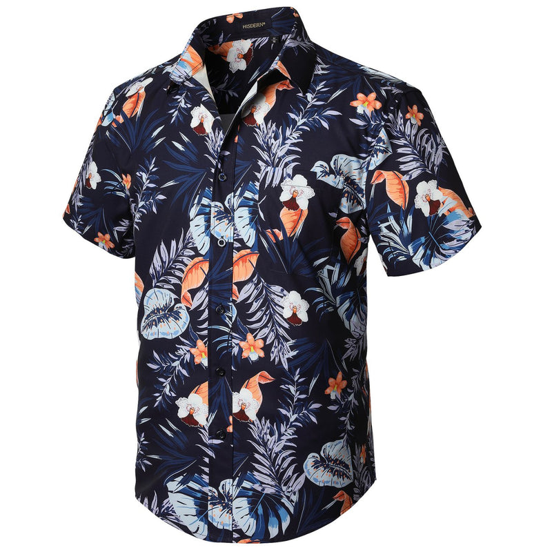 Summer Hawaiian Shirts with Pocket - 03-ORANGE/NAVY BLUE