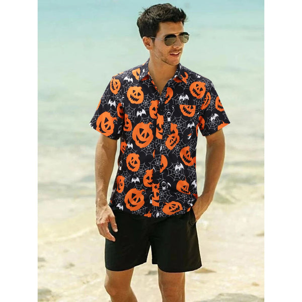 Hawaiian Tropical Shirts with Pocket - BLACK/ORANGE 
