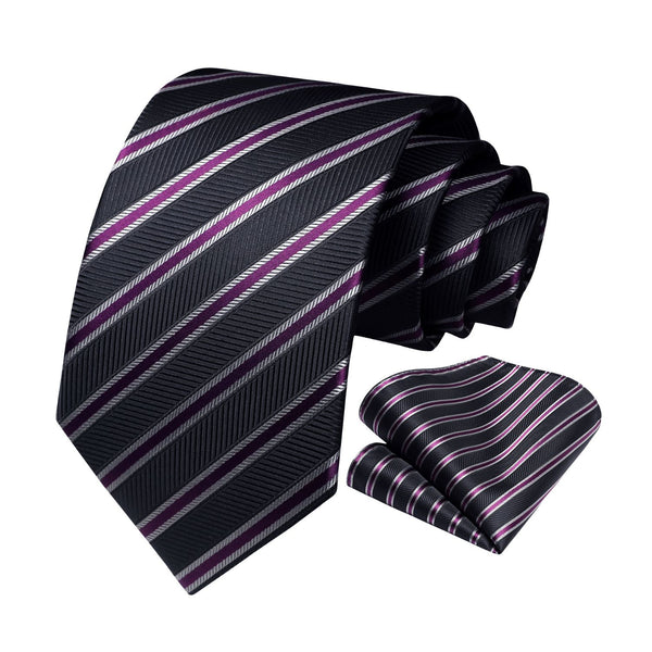 Stripe Tie Handkerchief Set - A-PURPLE/BLACK 