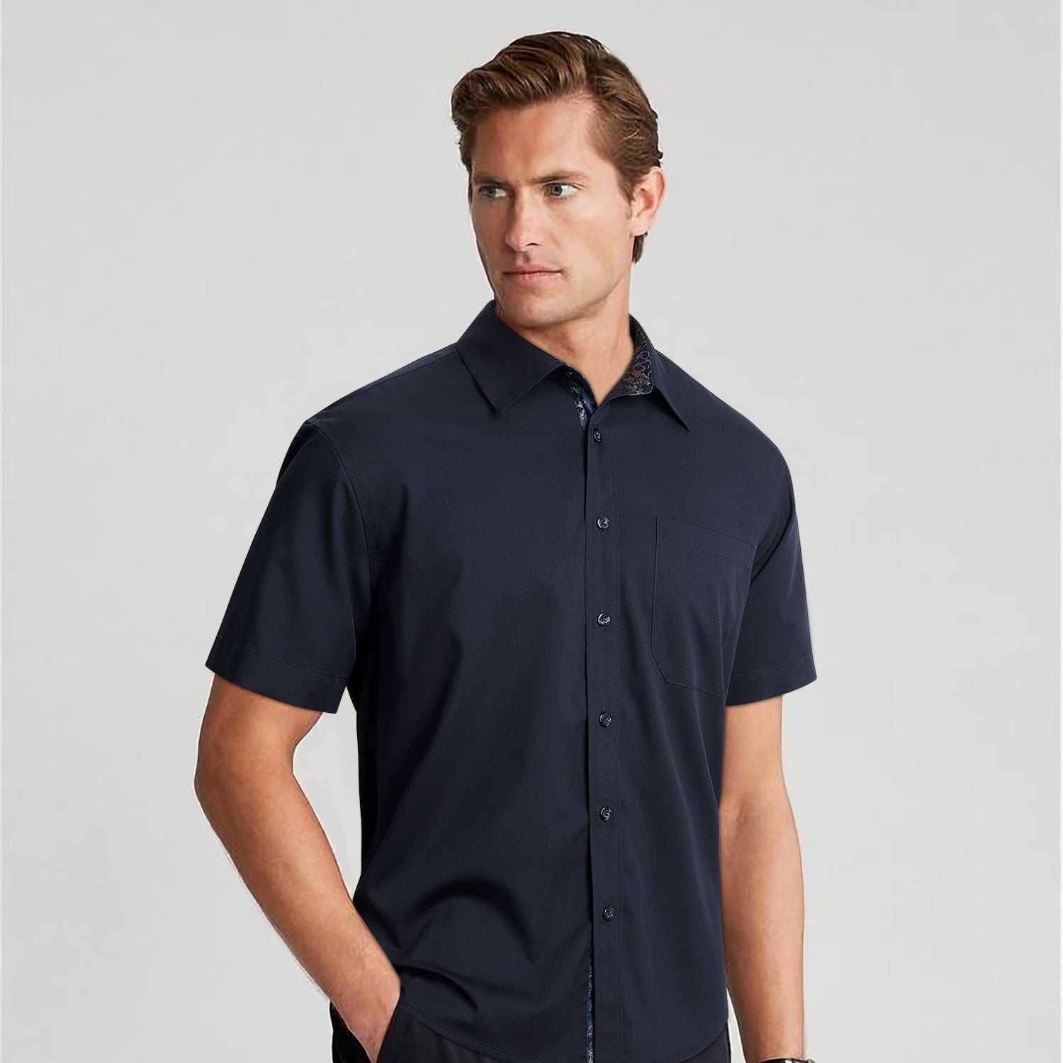 Hisdern Men's Navy Blue Short Sleeve Business Casual Shirt with Splici