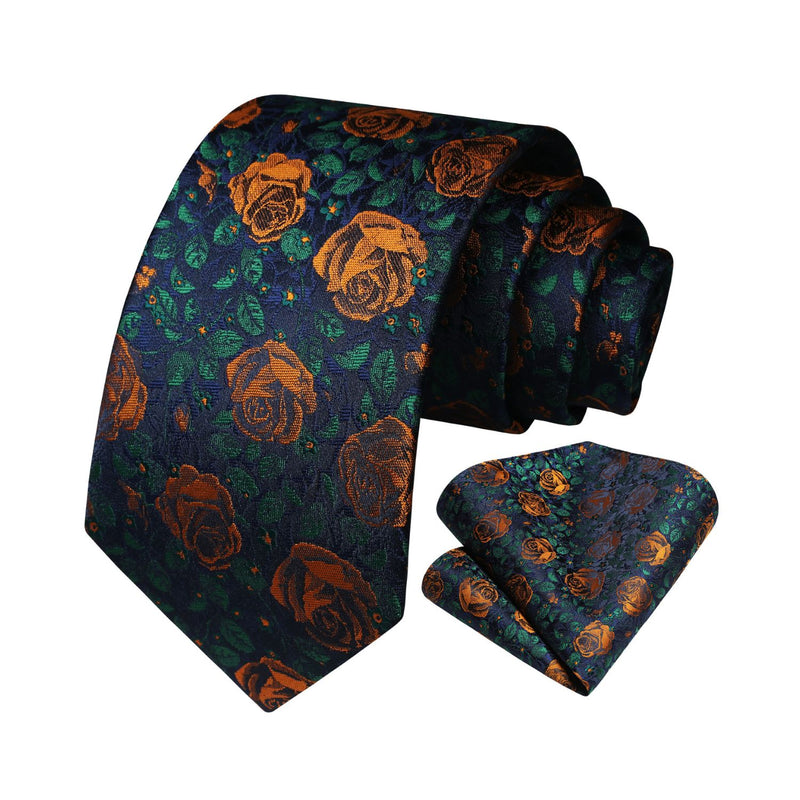 Floral 3.4 inch Tie Handkerchief Set - ORANGE/GREEN/NAVY BLUE 