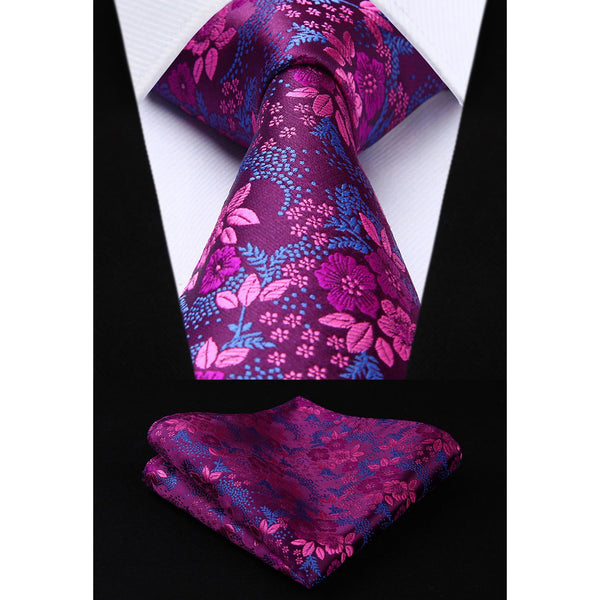 Floral Tie Handkerchief Set - HOT PINK/BLUE 