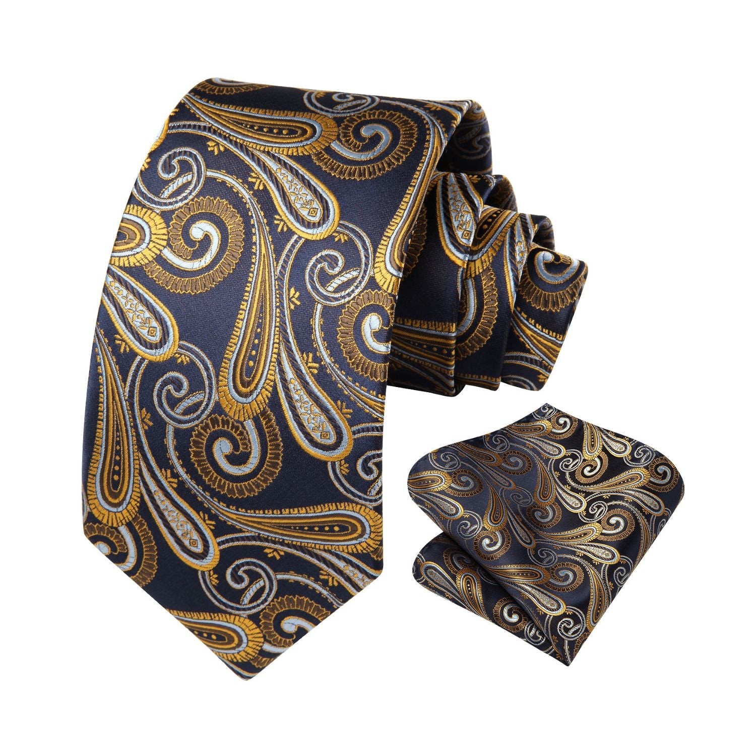 Paisley Tie Handkerchief Set - A - NAVY BLUE/GOLD