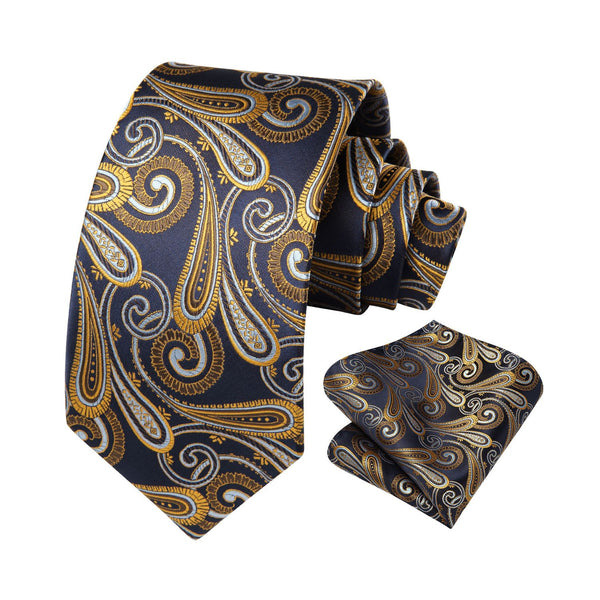 Paisley Tie Handkerchief Set - A - NAVY BLUE/GOLD 