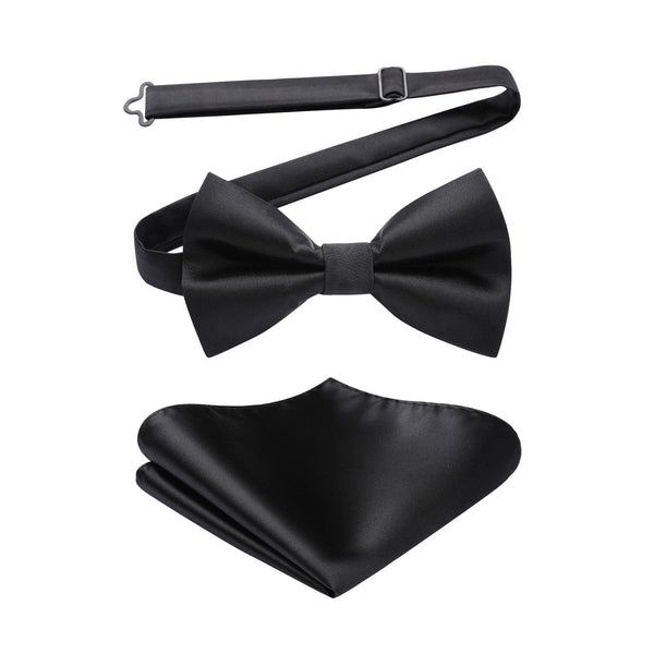 Solid Pre-Tied Bow Tie & Pocket Square - BLACK 