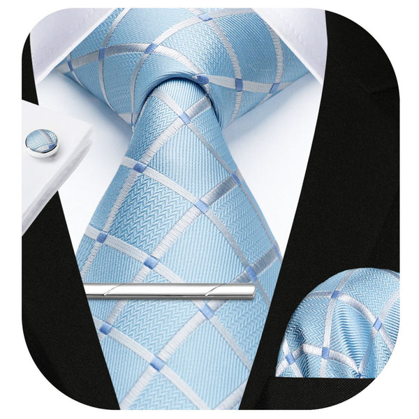 Plaid Tie Handkerchief Cufflinks Clip - BABY BLUE