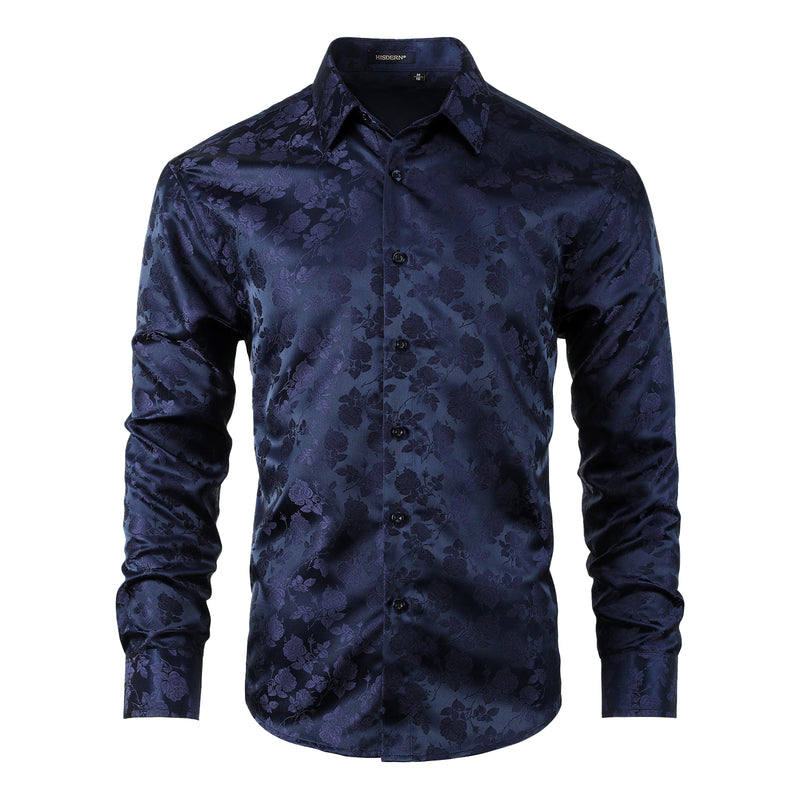 Floral Satin Dress Shirt - 03-NAVY BLUE