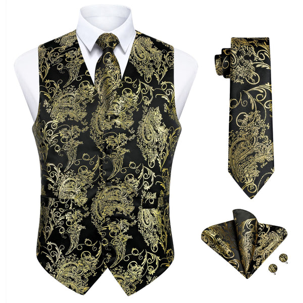 Paisley Floral 4pc Suit Vest Set - D-BLACK/GOLD 