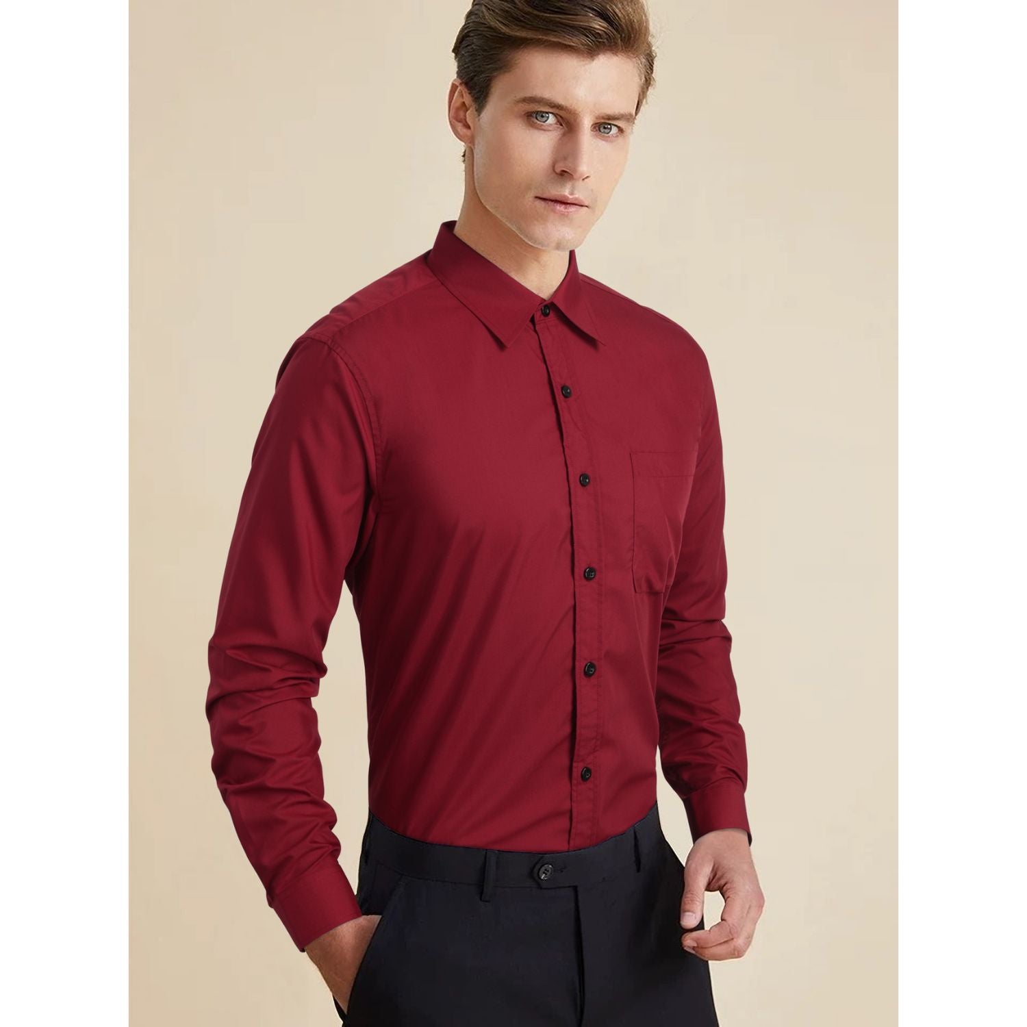 Men's Shirt with Tie Handkerchief Set - 06-DARK RED/NAVY