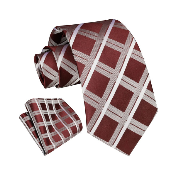 Plaid Tie Handkerchief Set - BURGUNDY/WHITE 