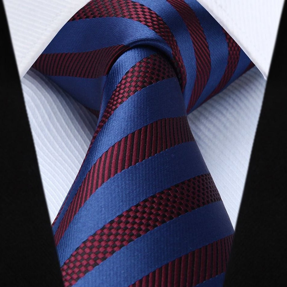 Stripe Tie Handkerchief Set - 02-NAVY BLUE/BURGUNDY
