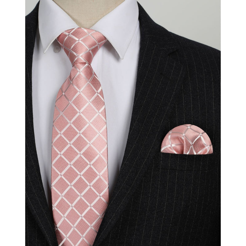 Plaid Tie Handkerchief Set - A7-PINK 