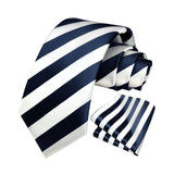 Stripe Tie Handkerchief Set - A- NAVY BLUE WHITE