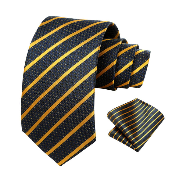 Stripe Tie Handkerchief Set - 13-NAVY BLUE/YELLOW 
