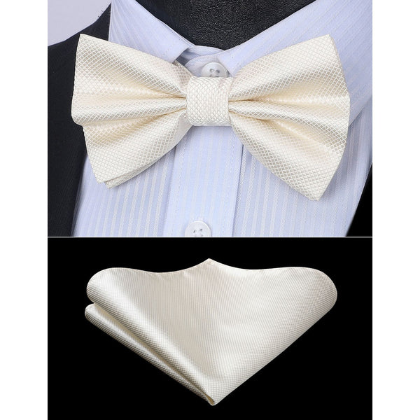 Solid Pre-Tied Bow Tie & Pocket Square - W-IVORY WHITE 2 