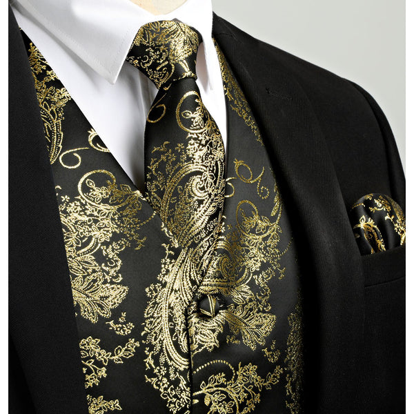 Paisley Floral 4pc Suit Vest Set - D-BLACK/GOLD 