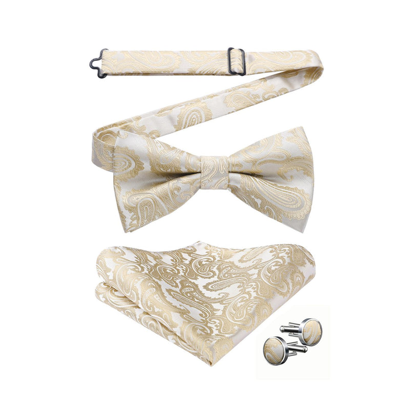 Floral Paisley Pre-Tied Bow Tie & Pocket Square Sets - 1-CHAMPAGNE 