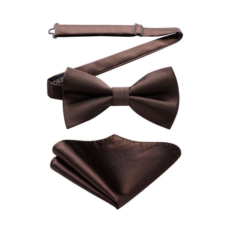 Solid Pre-Tied Bow Tie & Pocket Square - A-BROWN 