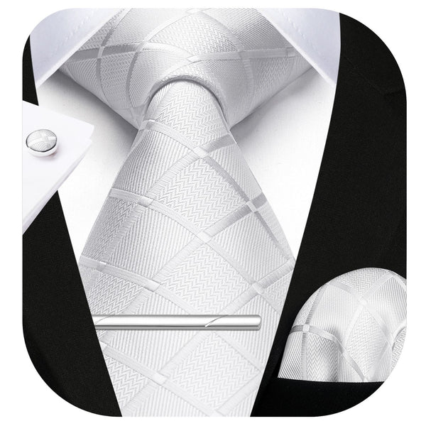 Plaid Tie Handkerchief Cufflinks Clip - WHITE