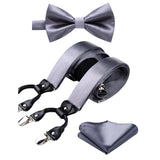 Solid Suspender Pre-Tied Bow Tie Handkerchief - A10-GREY 