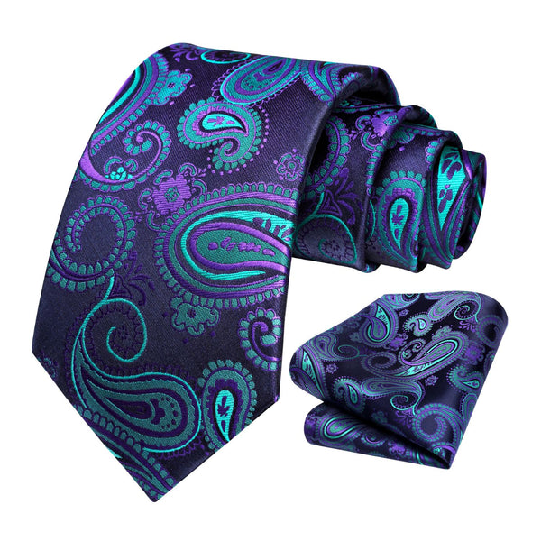 Paisley Floral Tie Handkerchief Set - NAVY BLUE/GREEN/PURPLE