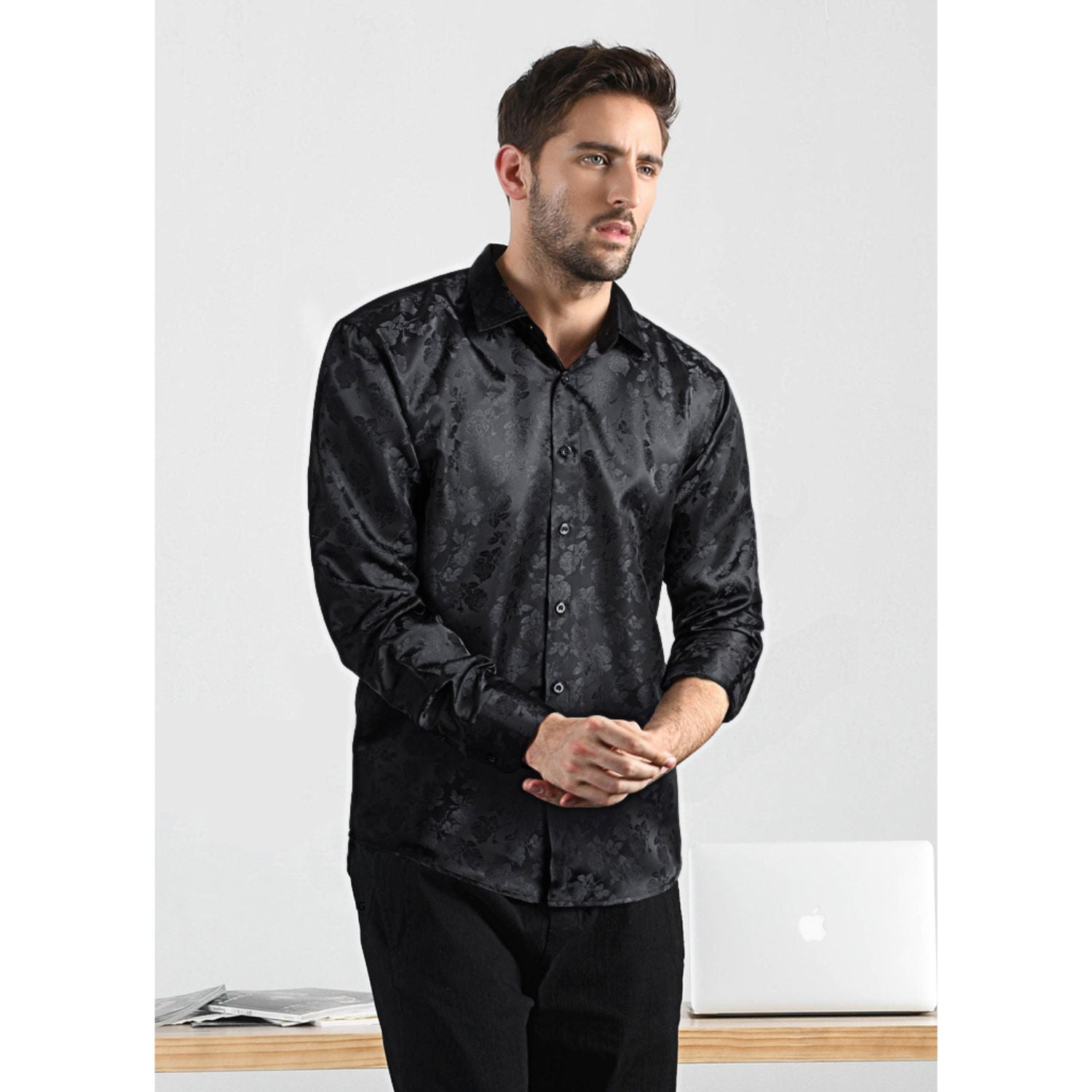 Floral Satin Dress Shirt - 01-BLACK