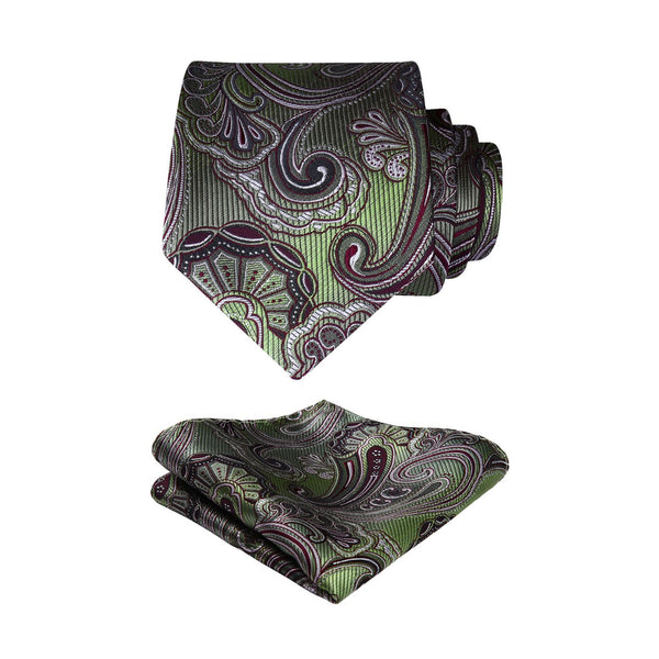 Paisley Tie Handkerchief Set - OLIVE GREEN/BURGUNDY 