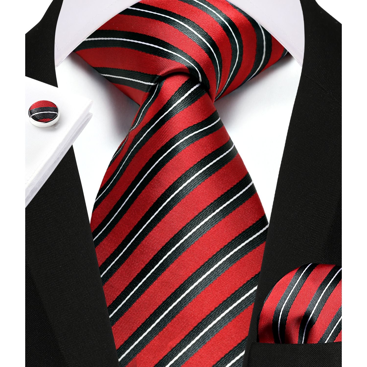 Stripe Tie Handkerchief Cufflinks - B02-RED/WHITE