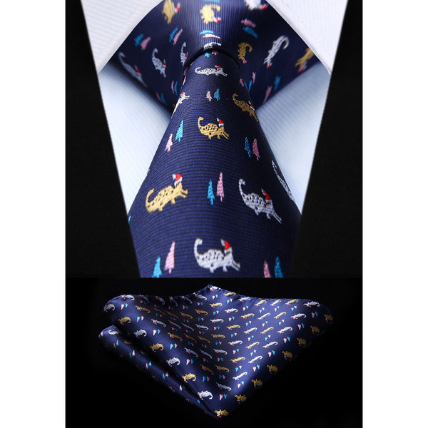Christmas Tie Handkerchief Set - NAVY BLUE/WHITE/GOLD 