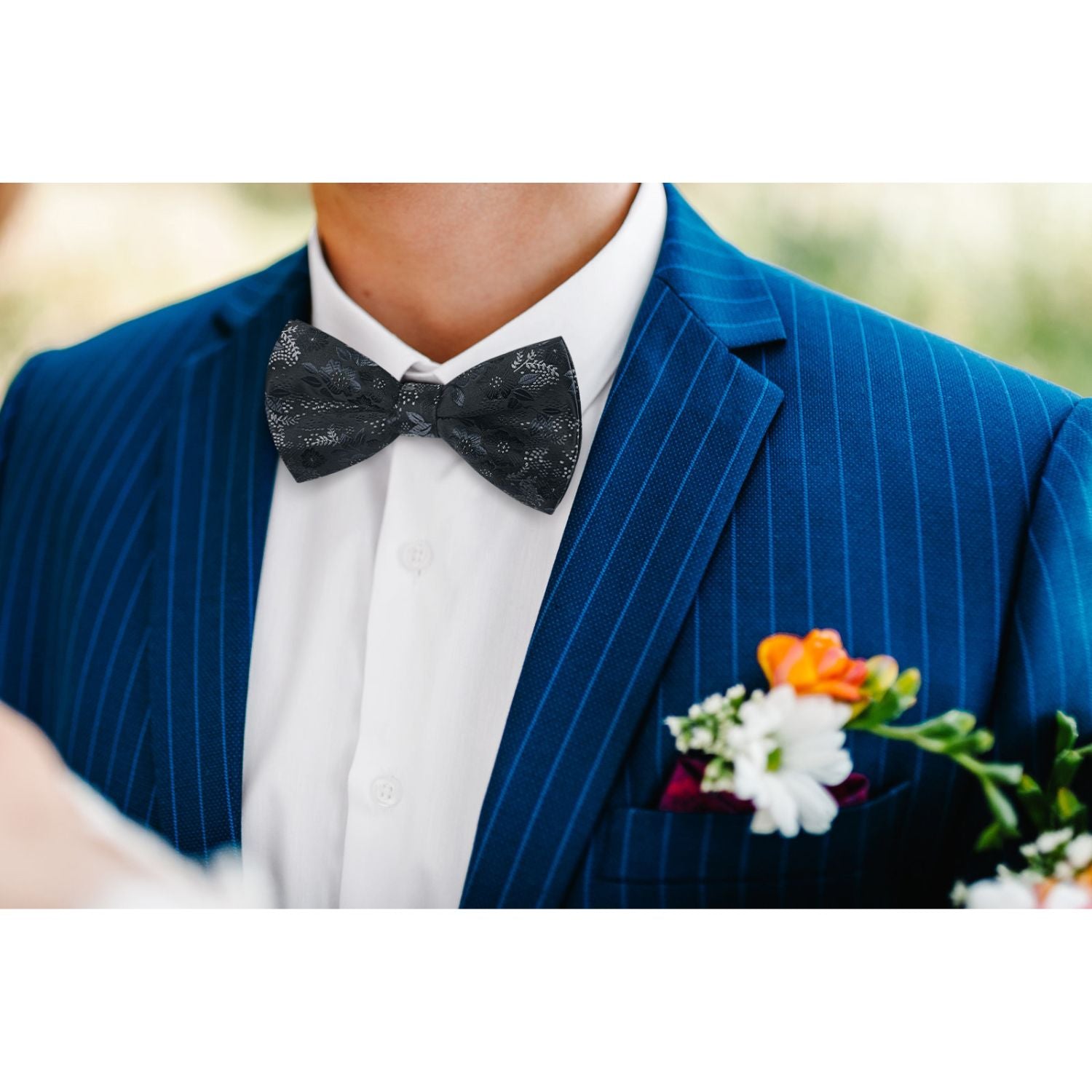 Floral Pre-Tied Bow Tie Handkerchief Cufflinks - BLACK FLORAL