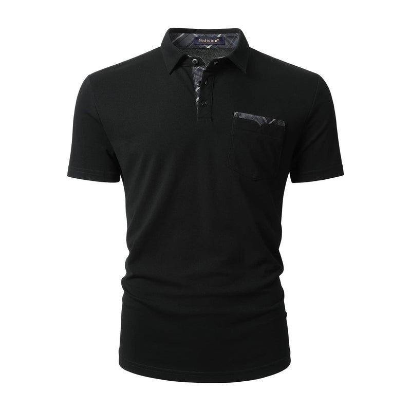 Polo Shirts Short Sleeve with Pocket - M-BLACK-CHECKED3