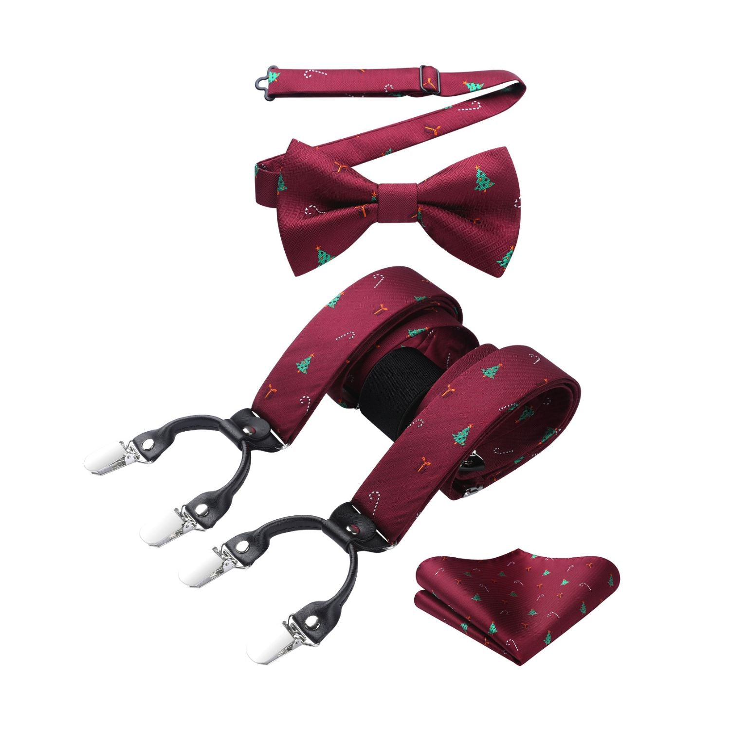 Christmas Suspender Pre-Tied Bow Tie Handkerchief - 07-BURGUNDY/GREEN/WHITE