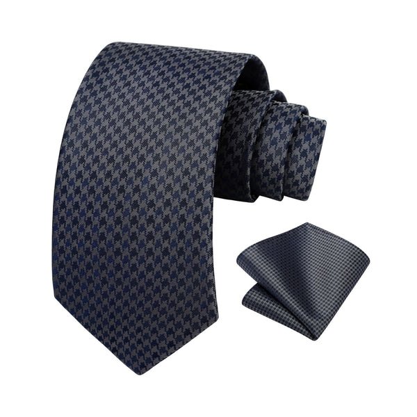Houndstooth Tie Handkerchief Set - C-04 GREY/NAVY BLUE 