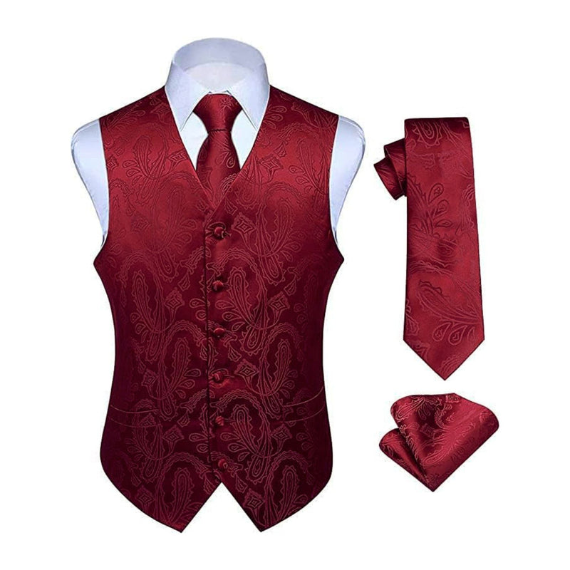 Paisley Vest Tie Handkerchief Set - BURGUNDY