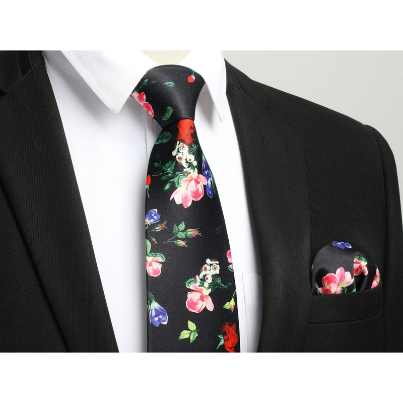 Floral Tie Handkerchief Set - 50 BLACK 
