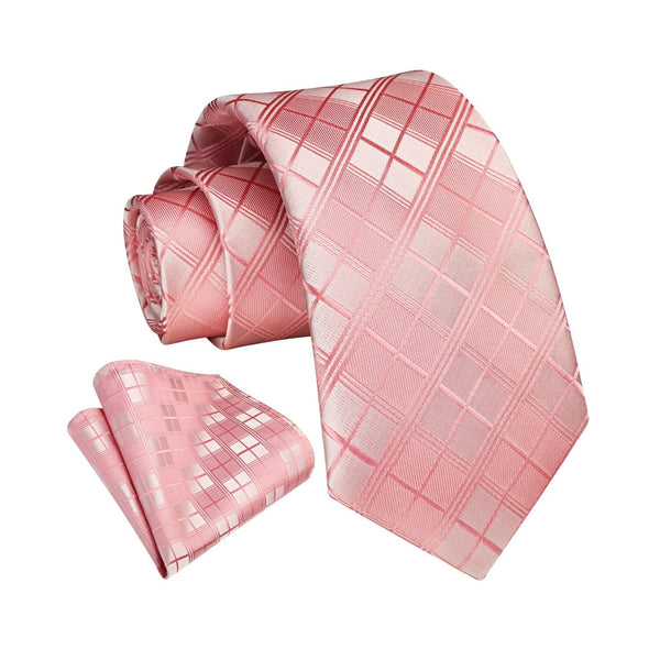 Plaid Tie Handkerchief Set - SOLID PINK 