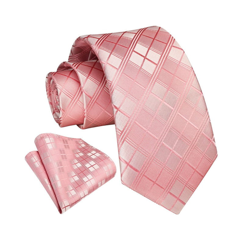 Plaid Tie Handkerchief Set - SOLID PINK