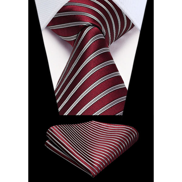 Stripe Tie Handkerchief Set - C- RED/WHITE