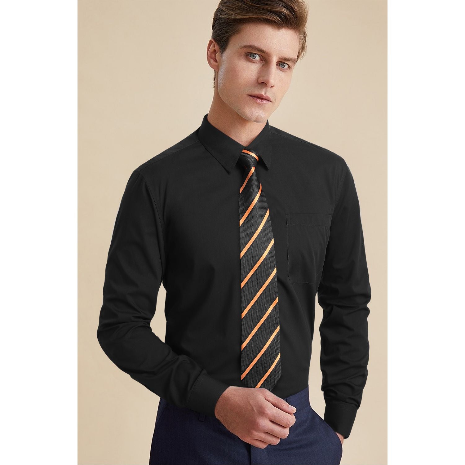 black dress shirt with gold tie