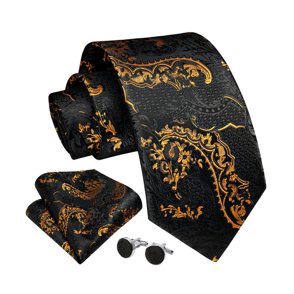 Floral Tie Handkerchief Set Cufflinks - A-BLACK GOLD 