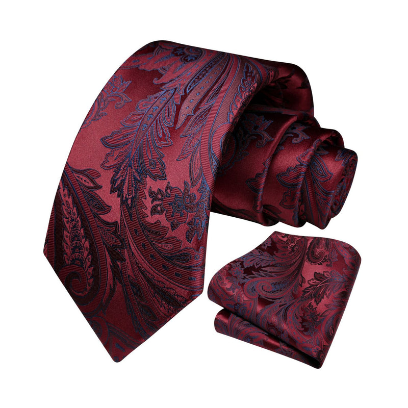 Floral Tie Handkerchief Set - 01A-BURGUNDY1 