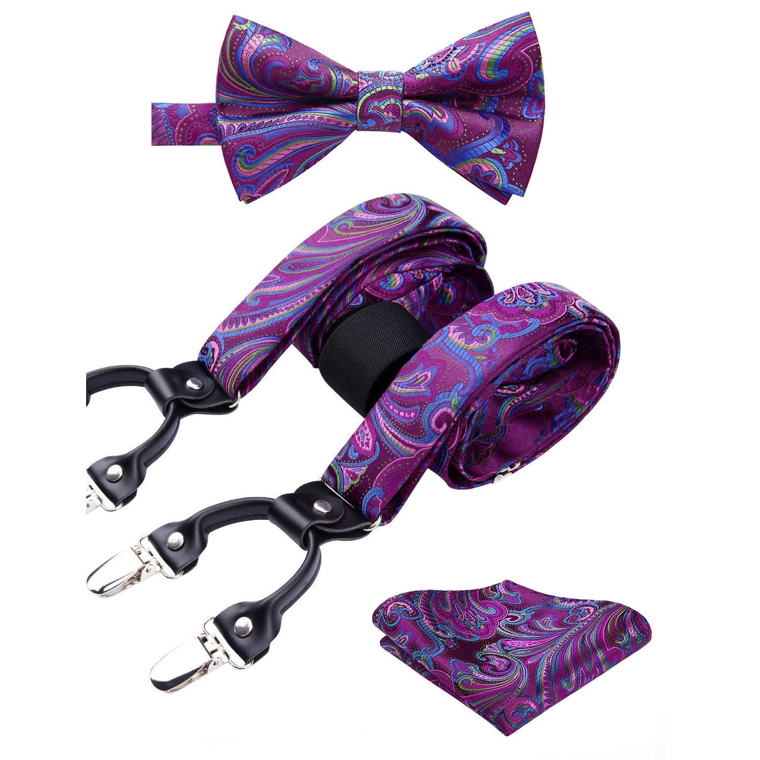 Paisley Floral Suspender Pre-Tied Bow Tie Handkerchief - D10-PRUPLE/PINK