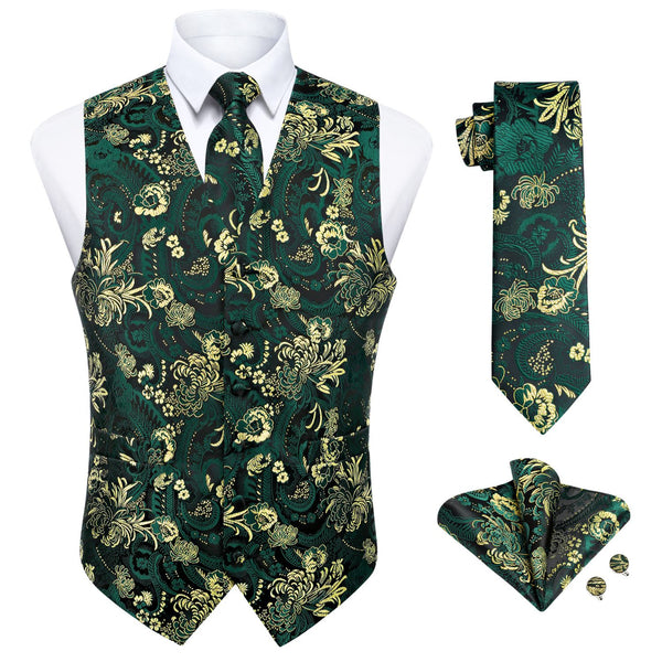 Paisley Floral 4pc Suit Vest Set - H-GREEN/GOLD/BLACK 